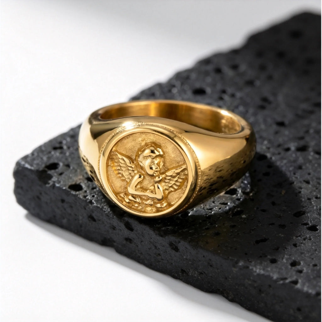 Cupid Signet Ring for Men,Gold Plated Stainless Steel Finger Ring Statement Ring,Punk Vintage Jewlery Gift