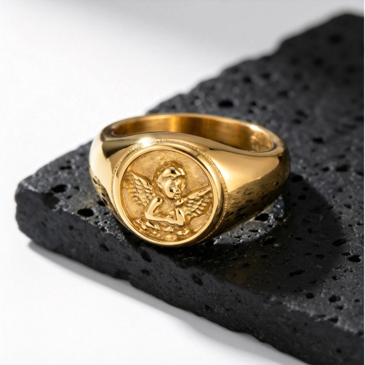 Cupid Signet Ring for Men,Gold Plated Stainless Steel Finger Ring Statement Ring,Punk Vintage Jewlery Gift