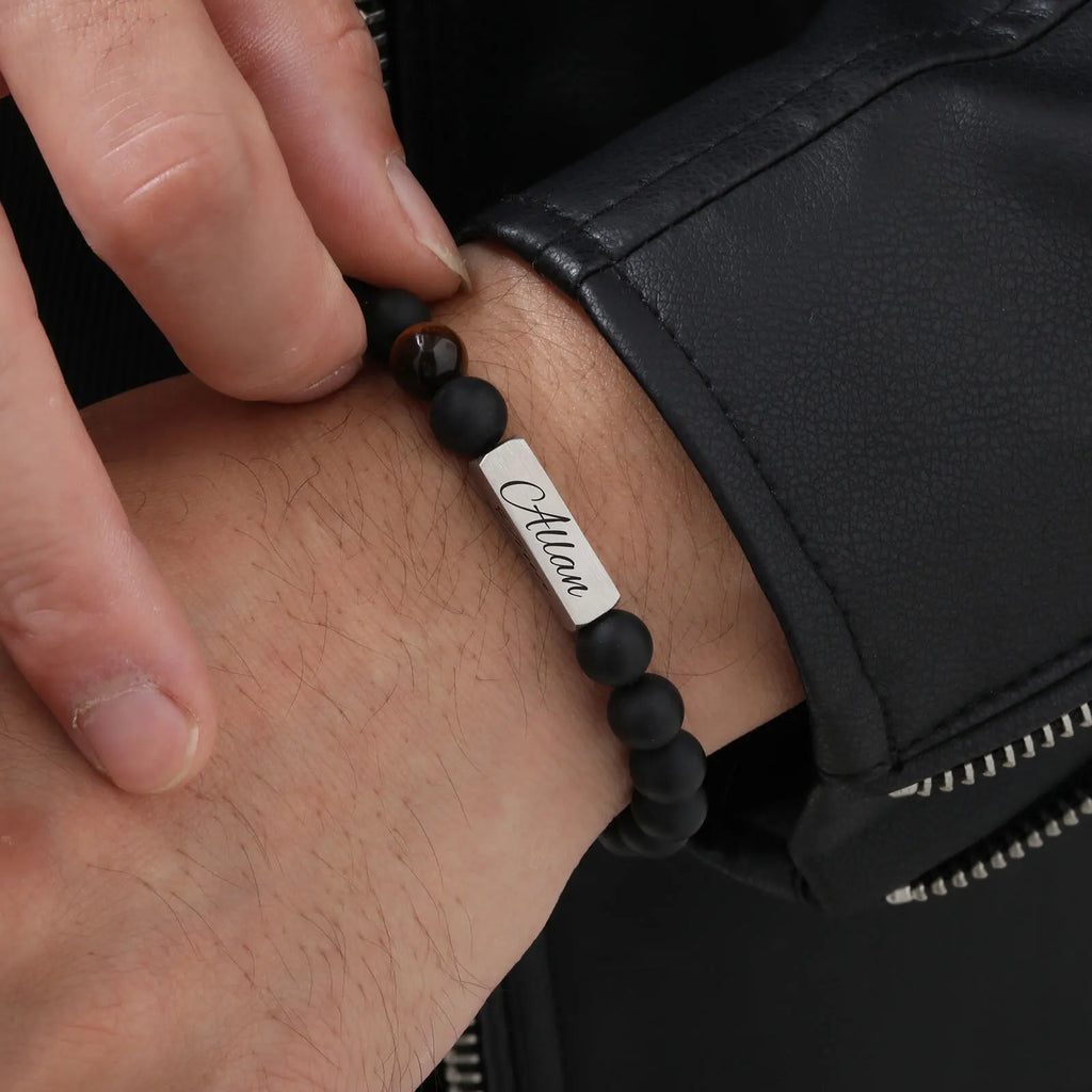 Personalized Beaded Bracelets for Men Boys,Adjustable Nartual Stone Stainless Steel Name Bar Wristband,Father Boyfriend Gifts