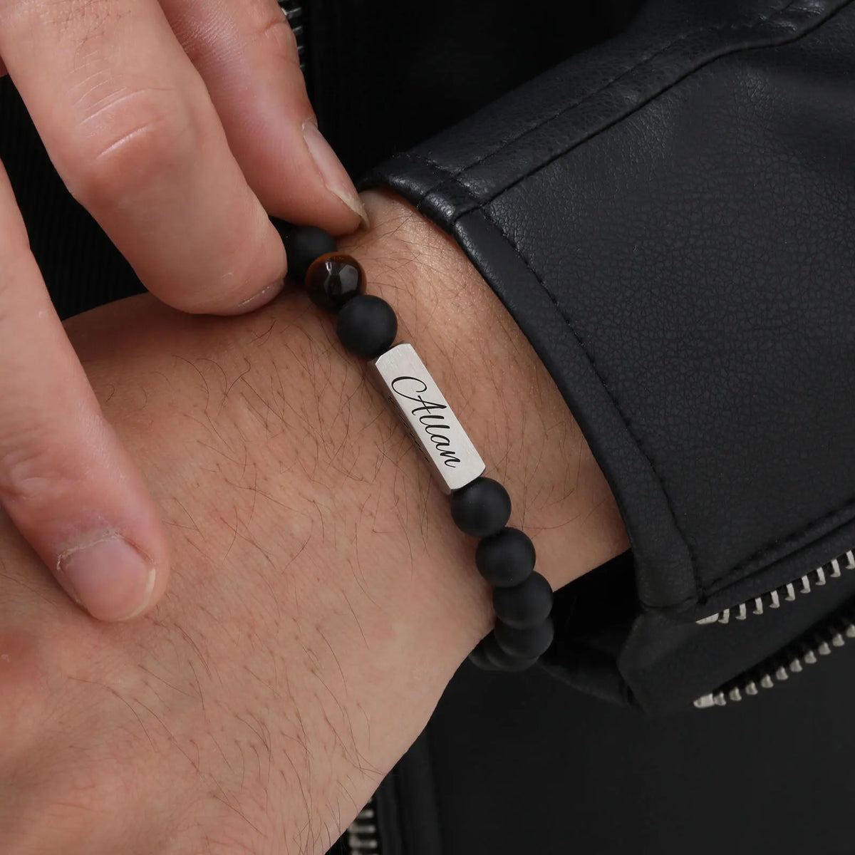 Personalized Beaded Bracelets for Men Boys,Adjustable Nartual Stone Stainless Steel Name Bar Wristband,Father Boyfriend Gifts