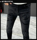 Designer Jeans Man High Quality Men's Scraped Black Jeans Autumn Winter Splashing Ink Slim-fit Pants Handsome Casual Long Pants