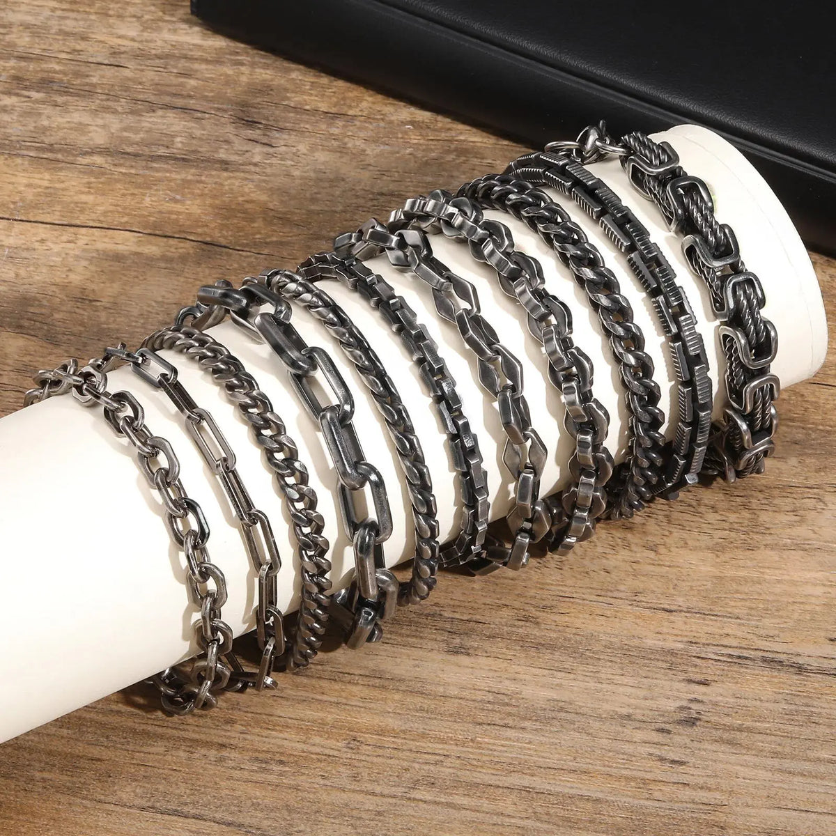 Mens Retro Stainless Steel Chain Bracelet,Punk Geometric Chain Links Wristband Gifts