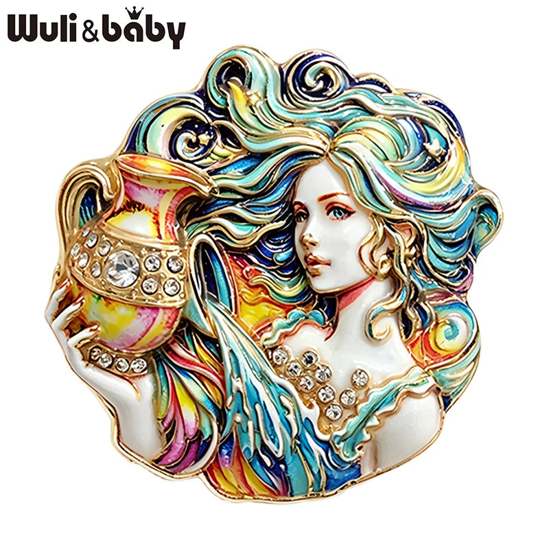 Wuli&baby Charming Aquarius Lady Brooches For Women Unisex 2-color Rhinestone Zodiac Sign Character Party Office Brooch Pin Gift