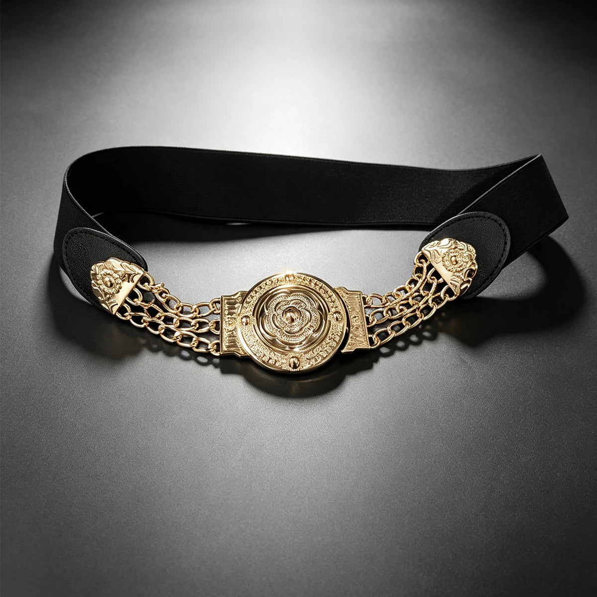 Golden Flora Women Girdle Metal Round Buckle Exaggeration Belt for Women's Black Waistband Gold Elastic Waist Seal Cummerbunds