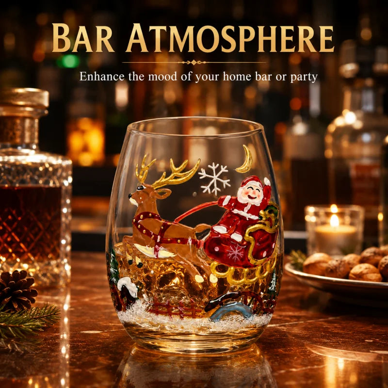 Hand Painted Christmas Whiskey Glass Santa Reindeer Snowman Tree Decorative Drinking Cup Holiday Party Barware
