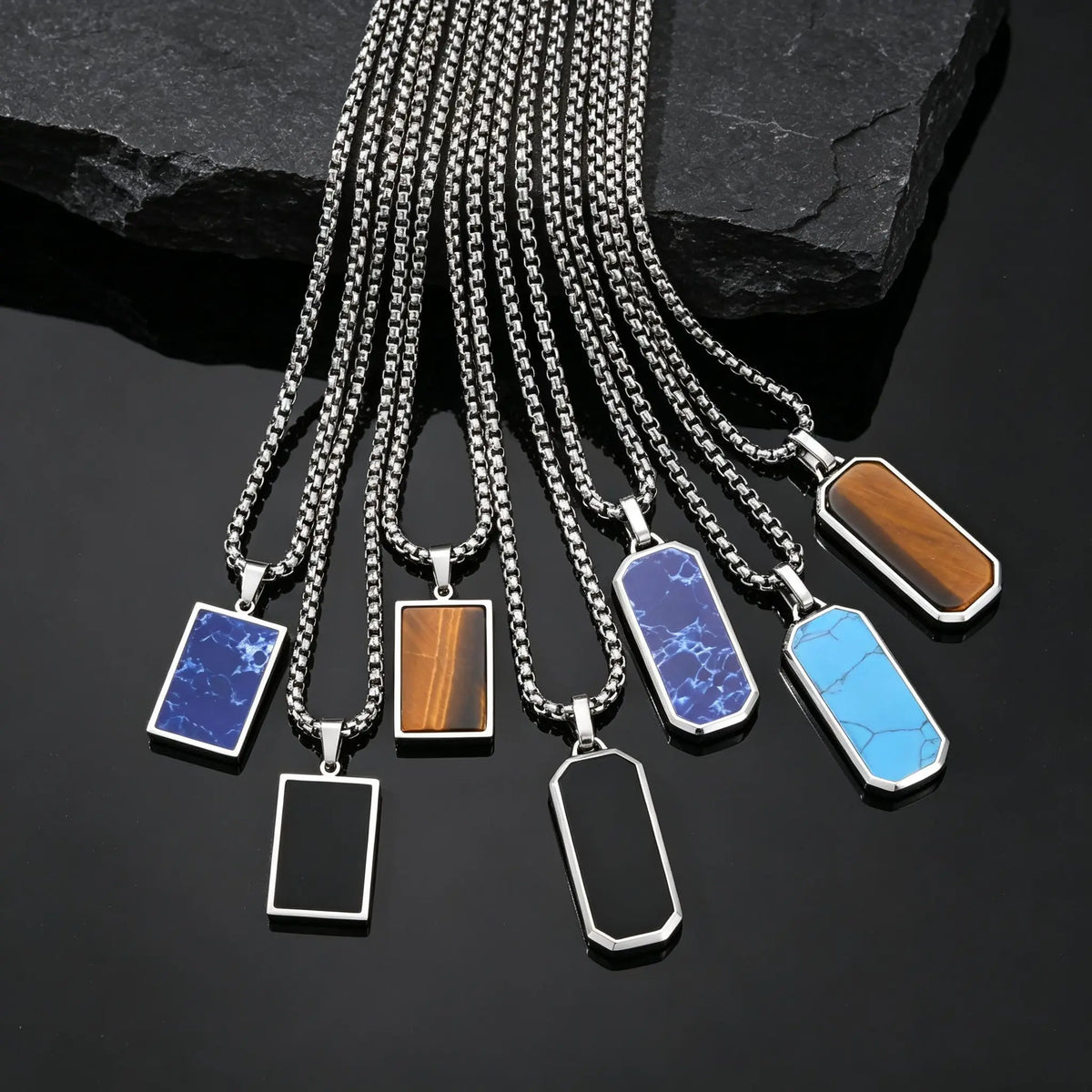 Natural Stone Square Men's Necklace,Waterproof Stainless Steel Geometric Pendant Necklace,Trendy Birthday Jewelry Gift