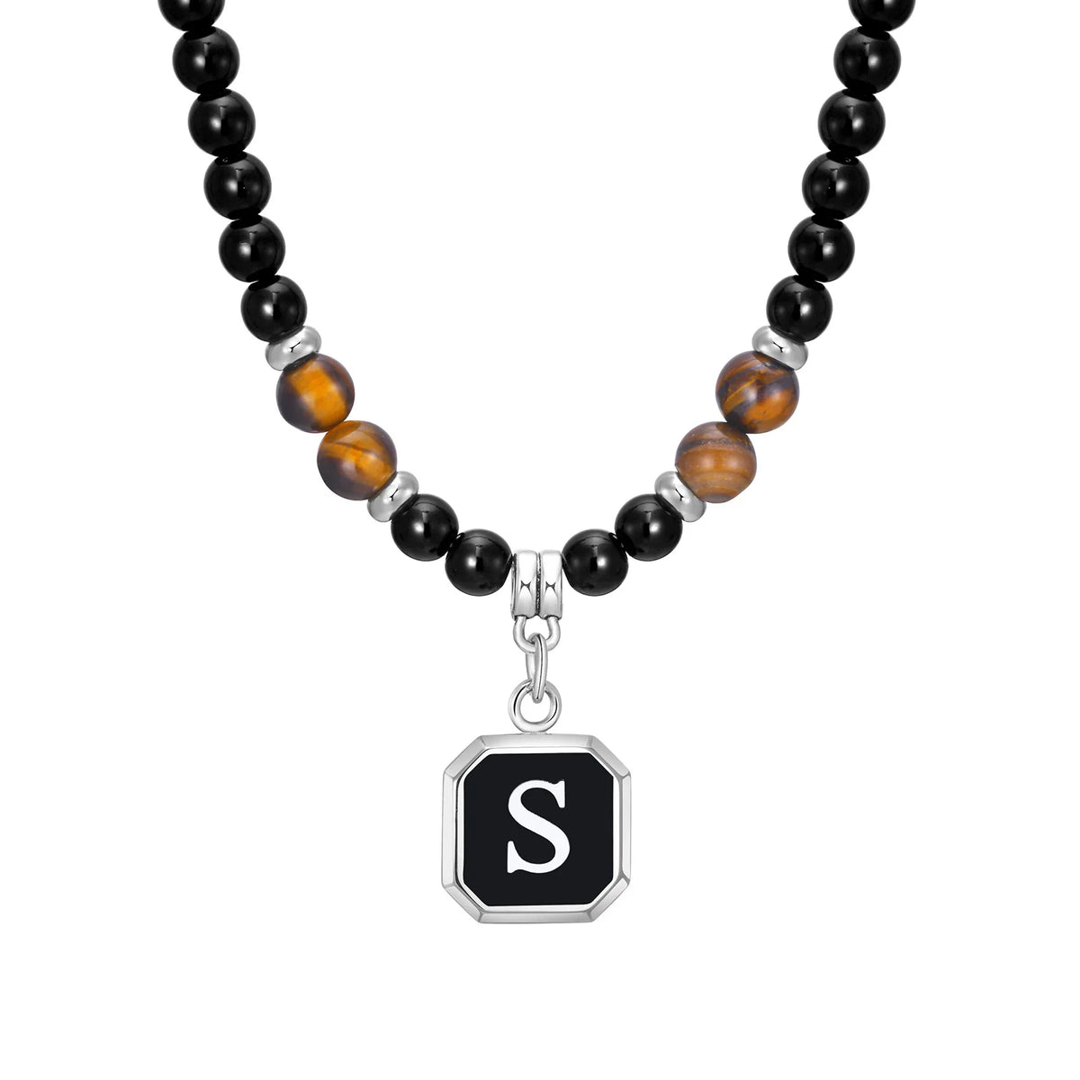 Initials Beaded Necklaces for Men Boys,Tiger Eye Alphabet A-Z 26 Letters Pendant Necklace,Stylish Jewelry Gift