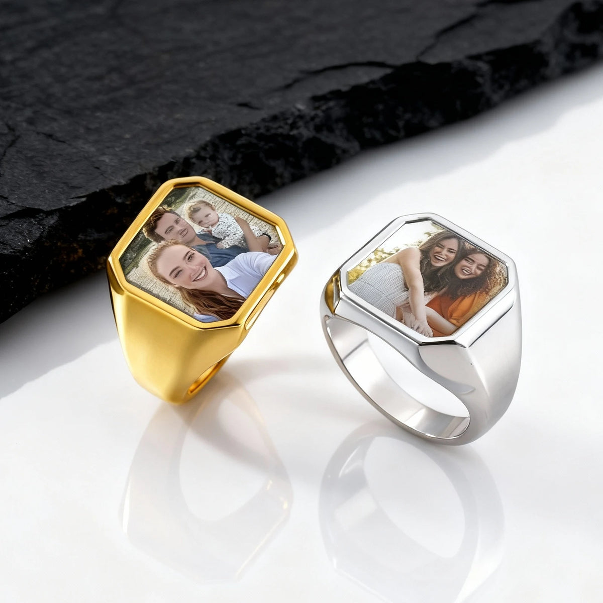 Custom Photo Ring for Men,Waterproof Stainless Steel Square Round Stamp Ring,Personalized Statement Ring Gift for Son Dad
