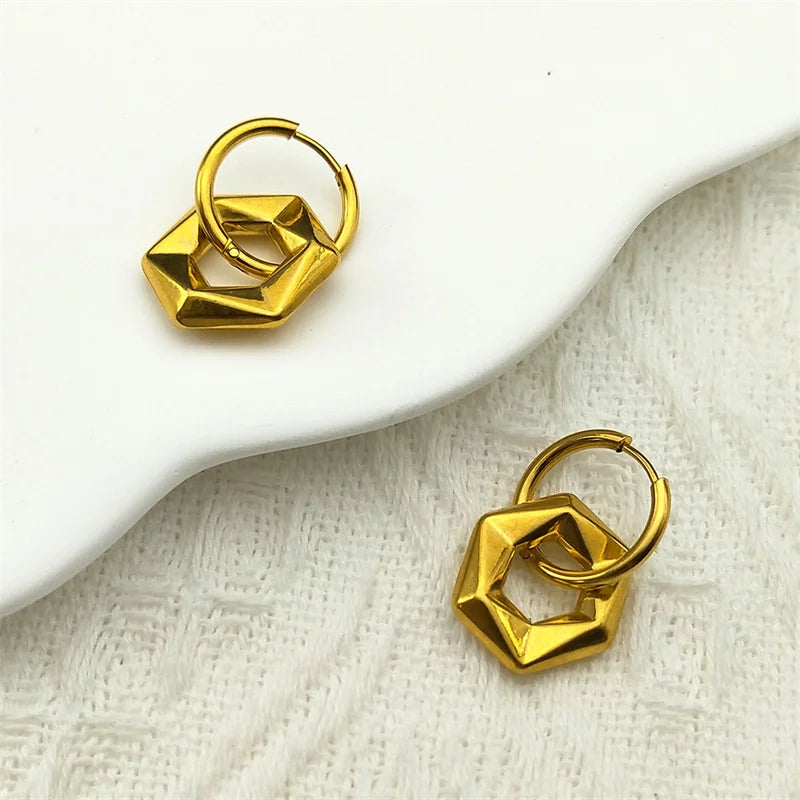 Stainless Steel Y2K Minimalist Trendy Geometric Hexagon Hoop Earrings for Women Gold Color Female Circle Dangle Earring Jewelry