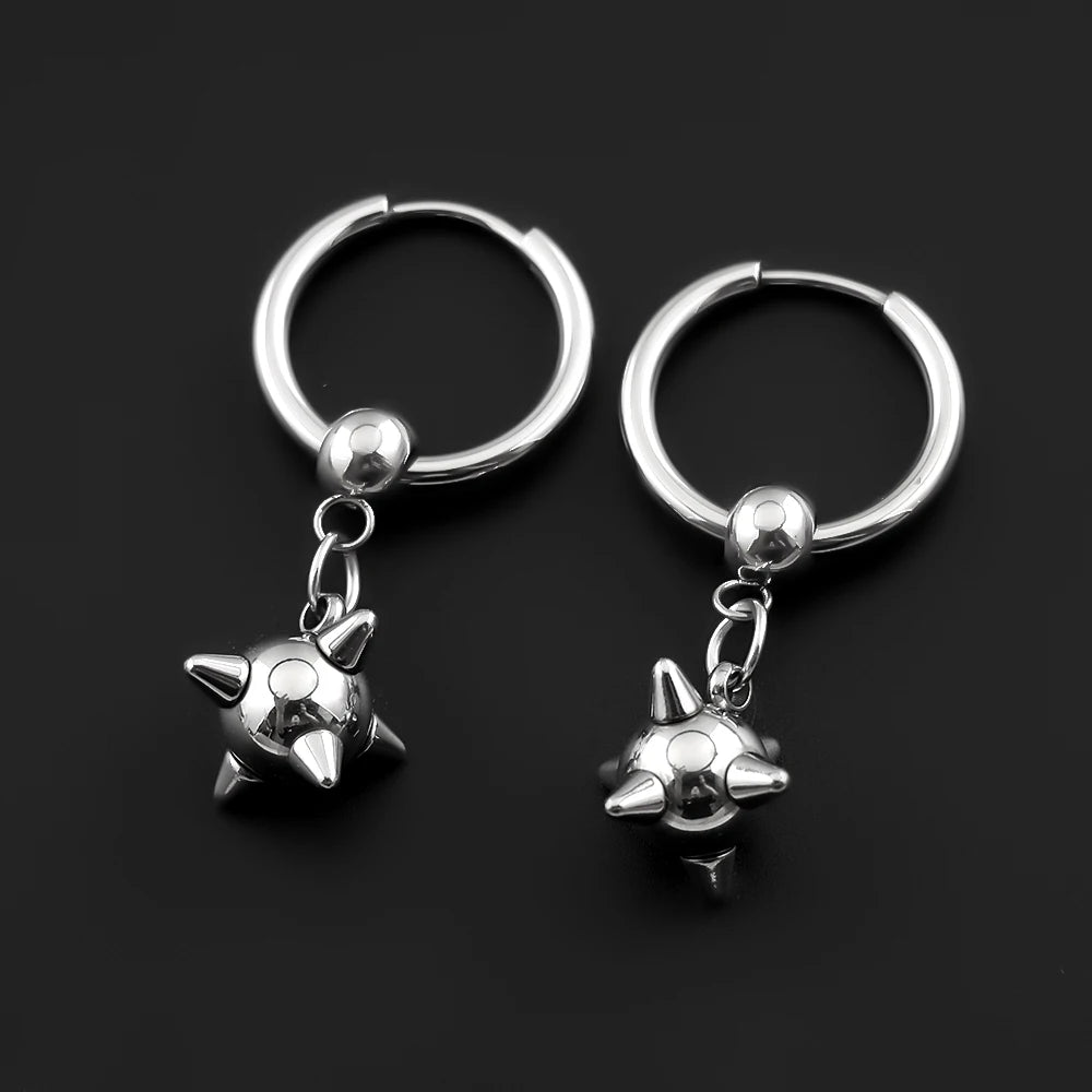 Gothic Spiky Sphere Drop Earrings Stainless Steel Spike Ball Dangle Huggie Hoops Dark Street Emo Piercing Decor Jewelry Gift