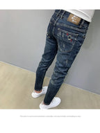 Harajuku Fashion Autumn New Blue Jeans Men's Trendy Brand Scratches Cargo Work Korean Slim-fitting Trousers Luxury Elastic Pants