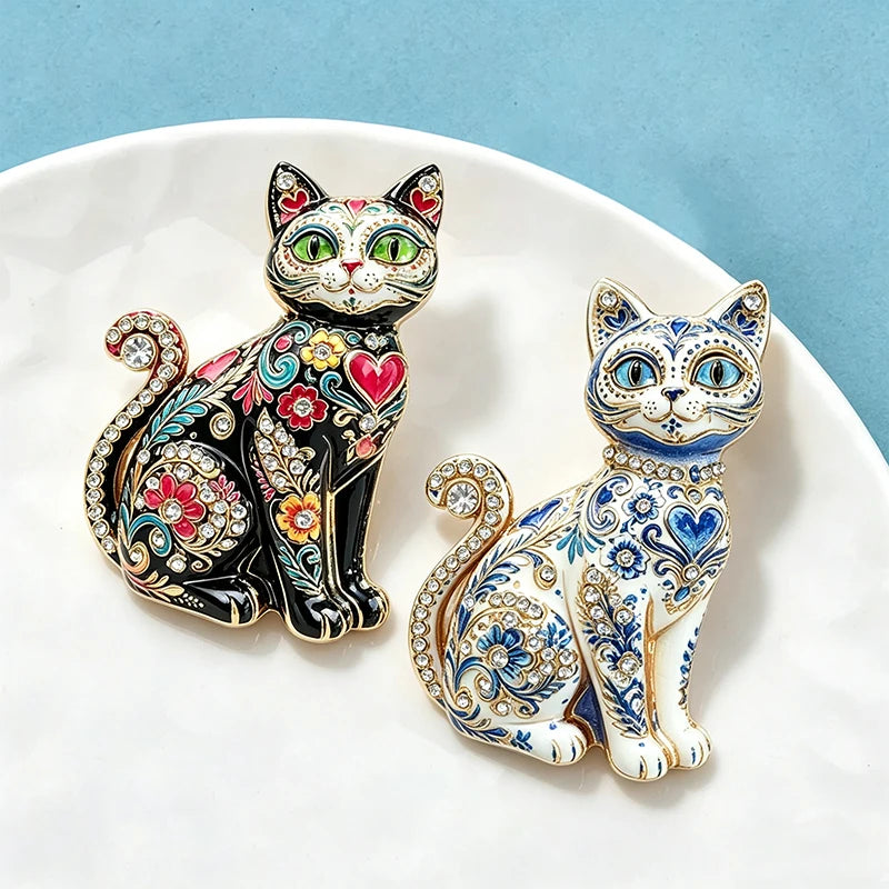 PENDRA Painted Enamel Rhinestone Cat Brooch