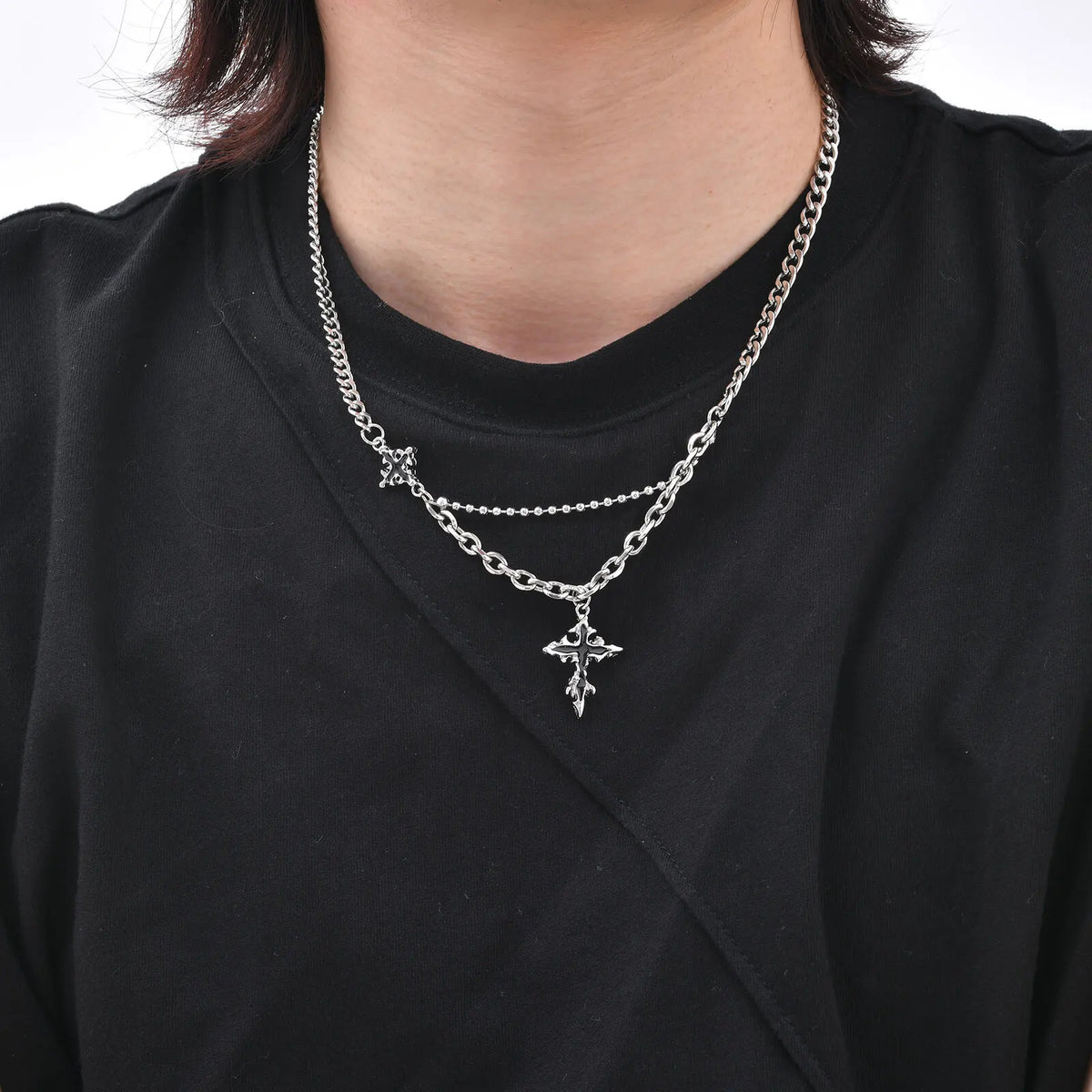 Hip Hop Cross Necklace for Men Boys,Fused Irregular 4-point Star Pendant with Splicing Collar,Cool Trendy Jewelry Gifts