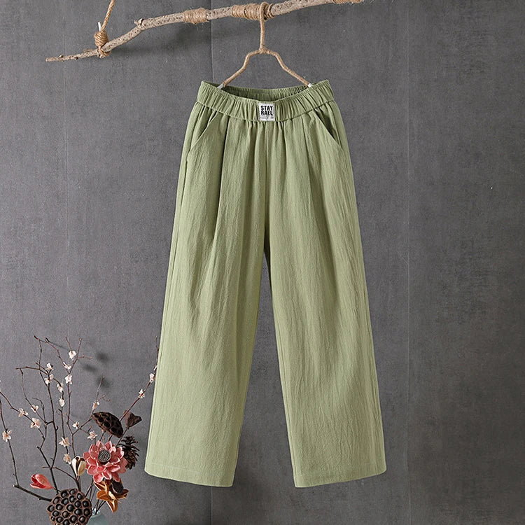 Female 2025 High Quality Loose Trousers Summer Elastic Waist Women's Pants Casual Solid Cotton Linen Ankle Length Pants
