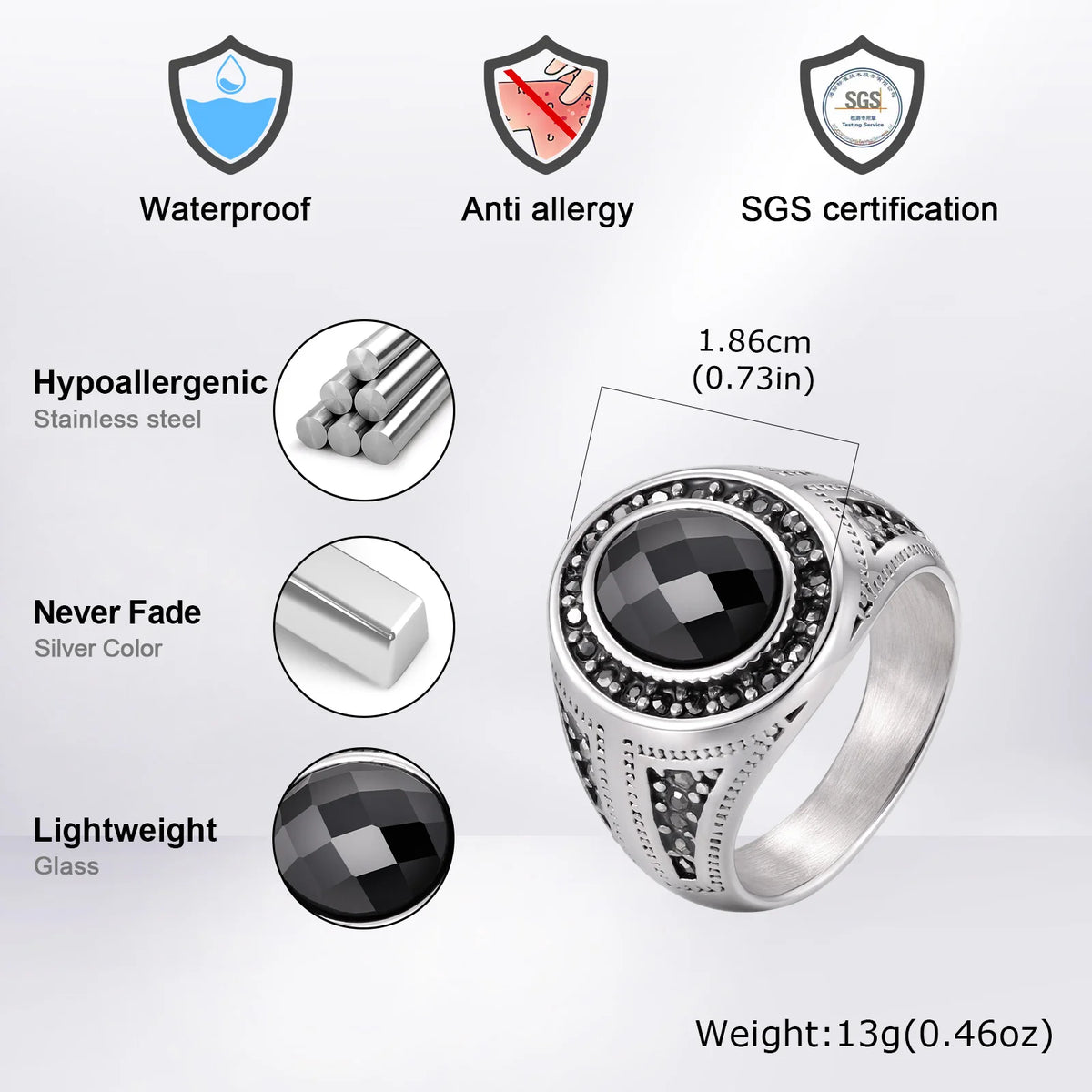 Stylish Faceted Black Stone Ring for Men,Waterproof Stainless Steel Oval Ring,Birthday Party Gift for Him Dad
