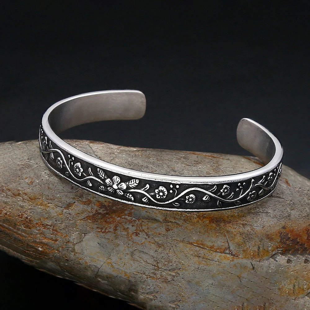 Classic Retro Fashion Silver Color Flower Bracelets For Men Women Stainless Steel Ethnic Style Lotus Leaf Bracelet Party Jewelry