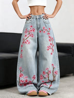 American Retro Plum Blossom Embroidery Design Blue Women's Loose Wide-Leg Jeans Y2K Street Fashion Versatile Straight Trousers