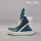 PENDRA Blue Geobasket Blue Leather High-Top Zip Lace-Up Thick-Sole Ankle Boots