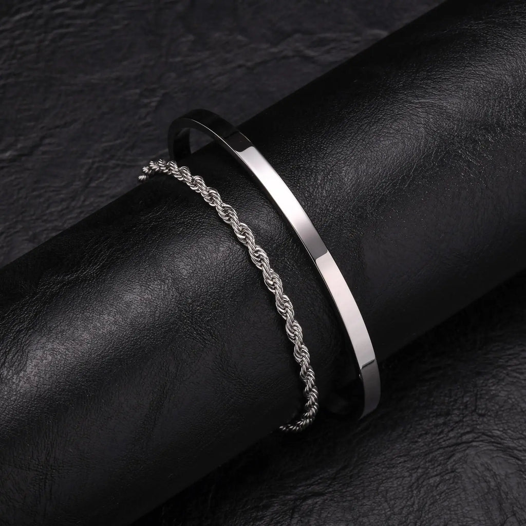 Waterproof Men's Layered Bracelets,2pcs Stainless Steel Twisted Chain Link Wristband,4MM Cuff Bangle Gift