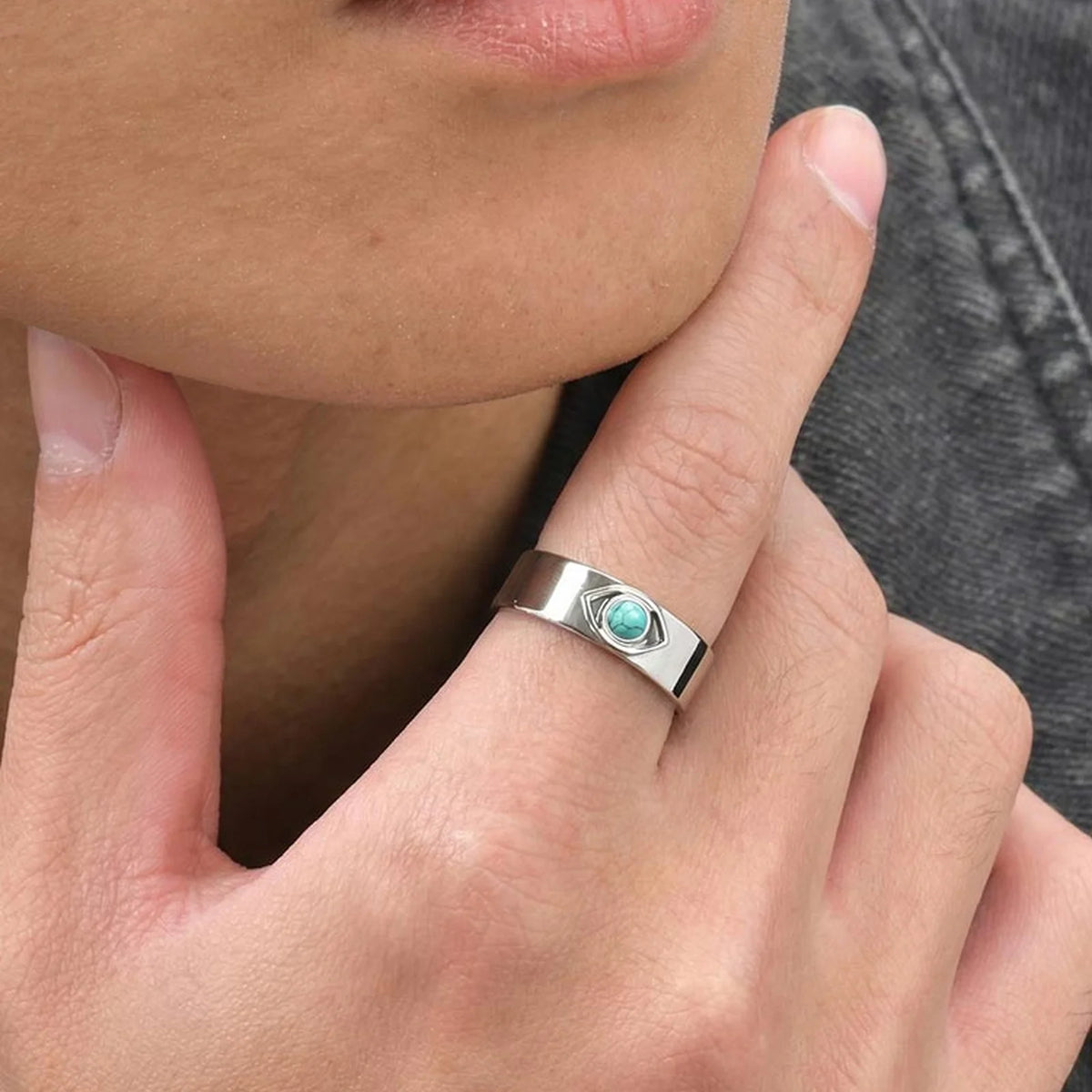 Natural Stone Devils Eyes Ring for Men,Punk Waterproof Stainless Steel Adjustable Cuff Ring,Türkiye Exorcism Jewelry Gift