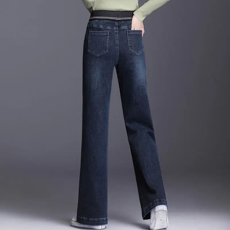 Elastic waisted denim wide leg pants women in spring and autumn new high waisted slim straight leg floor length pants