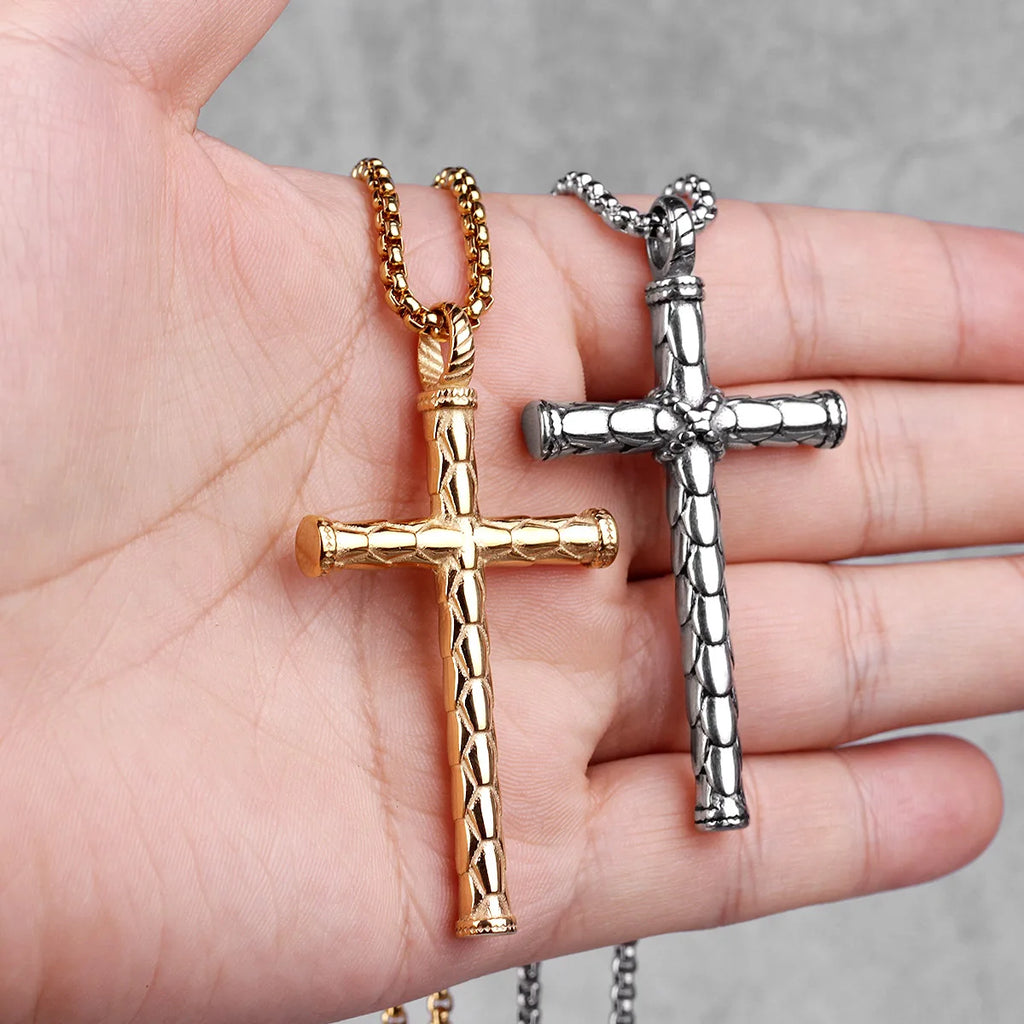 PENDRA Dragon Scale Cross Steel Necklace