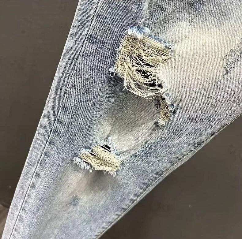 Summer New 2026 Ripped Jeans Men's Trendy Brand Casual Elastic Slim Fit Small Feet Ruffian Handsome Beggar Pencil Pants