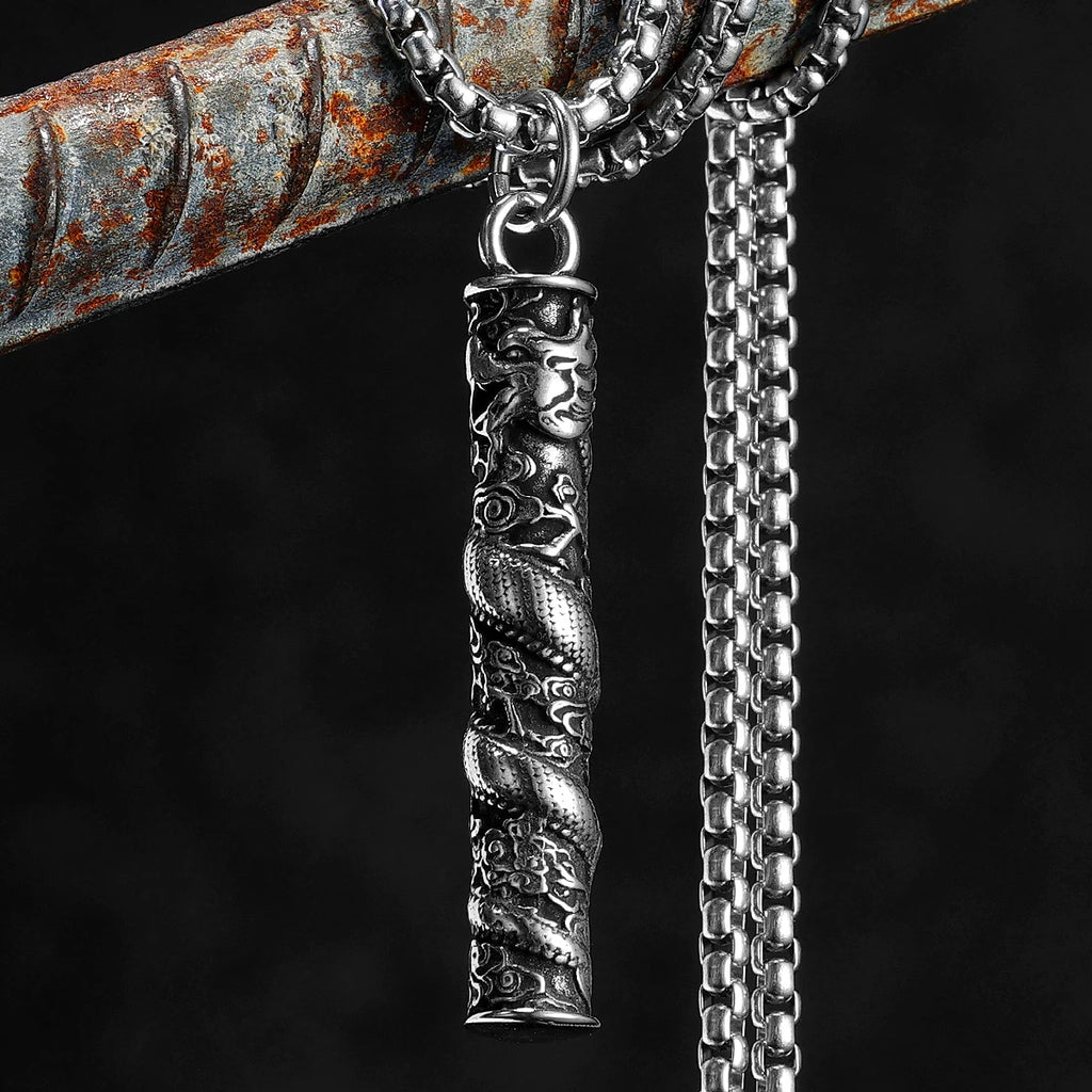 PENDRA Dragon Pillar Carving Steel Necklace
