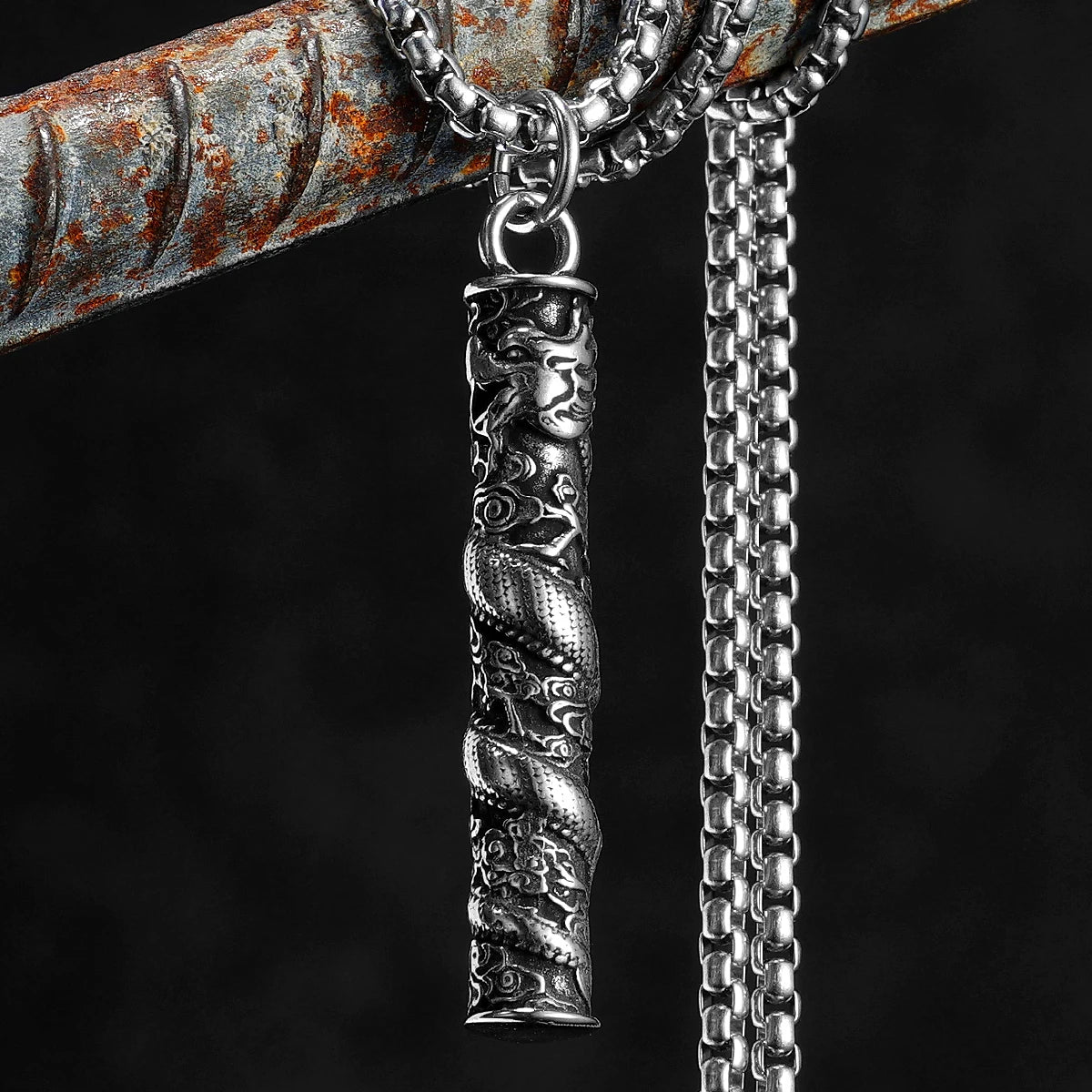 PENDRA Dragon Pillar Carving Steel Necklace