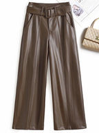 PENDRA Belted High Waist Straight PU Leather Pants