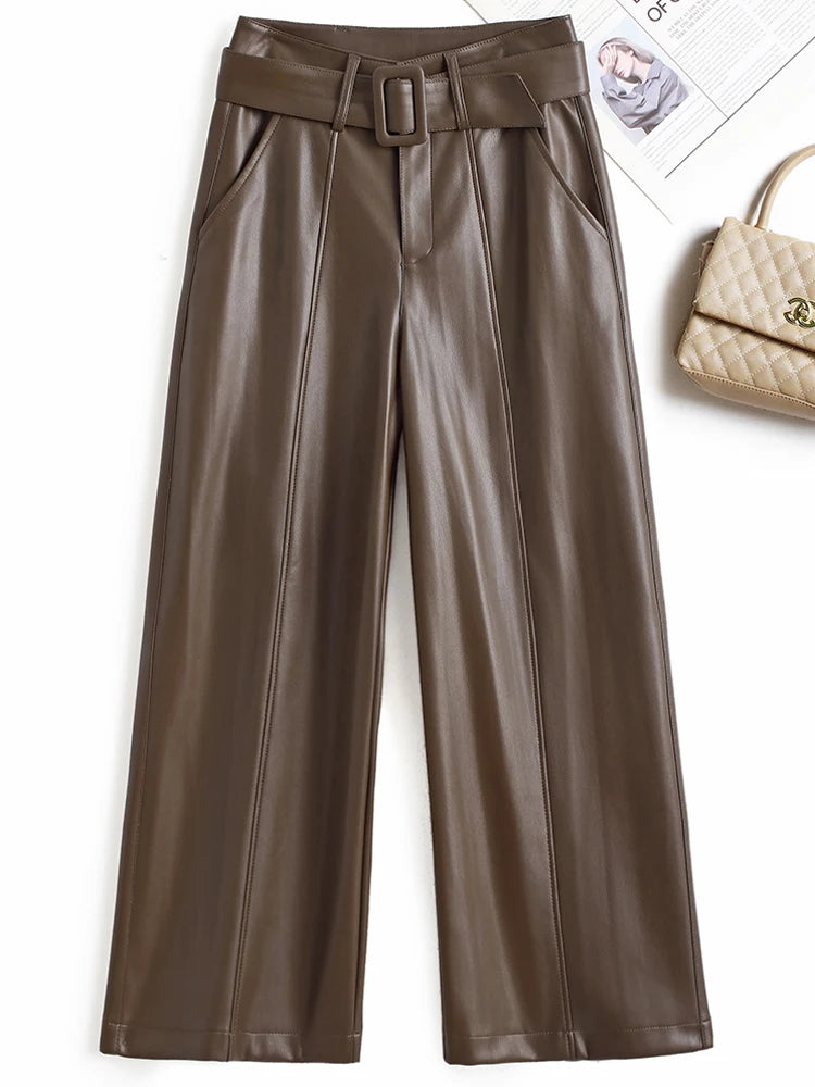 PENDRA Belted High Waist Straight PU Leather Pants