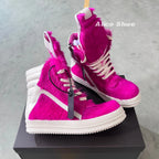 PENDRA Rose Fur Rose-Red Horsehair Leather High-Top Zip Platform Ankle Boots