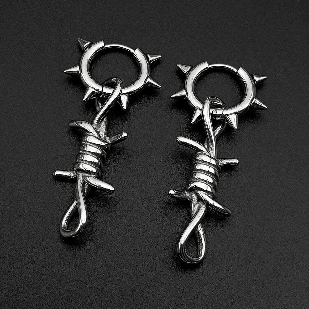 Hiphop Punk Barbed Wire Circle Earrings Stainless Steel Gothic Huggie Hoop Ear Ring Women Korean Rapper Jewelry Accessory