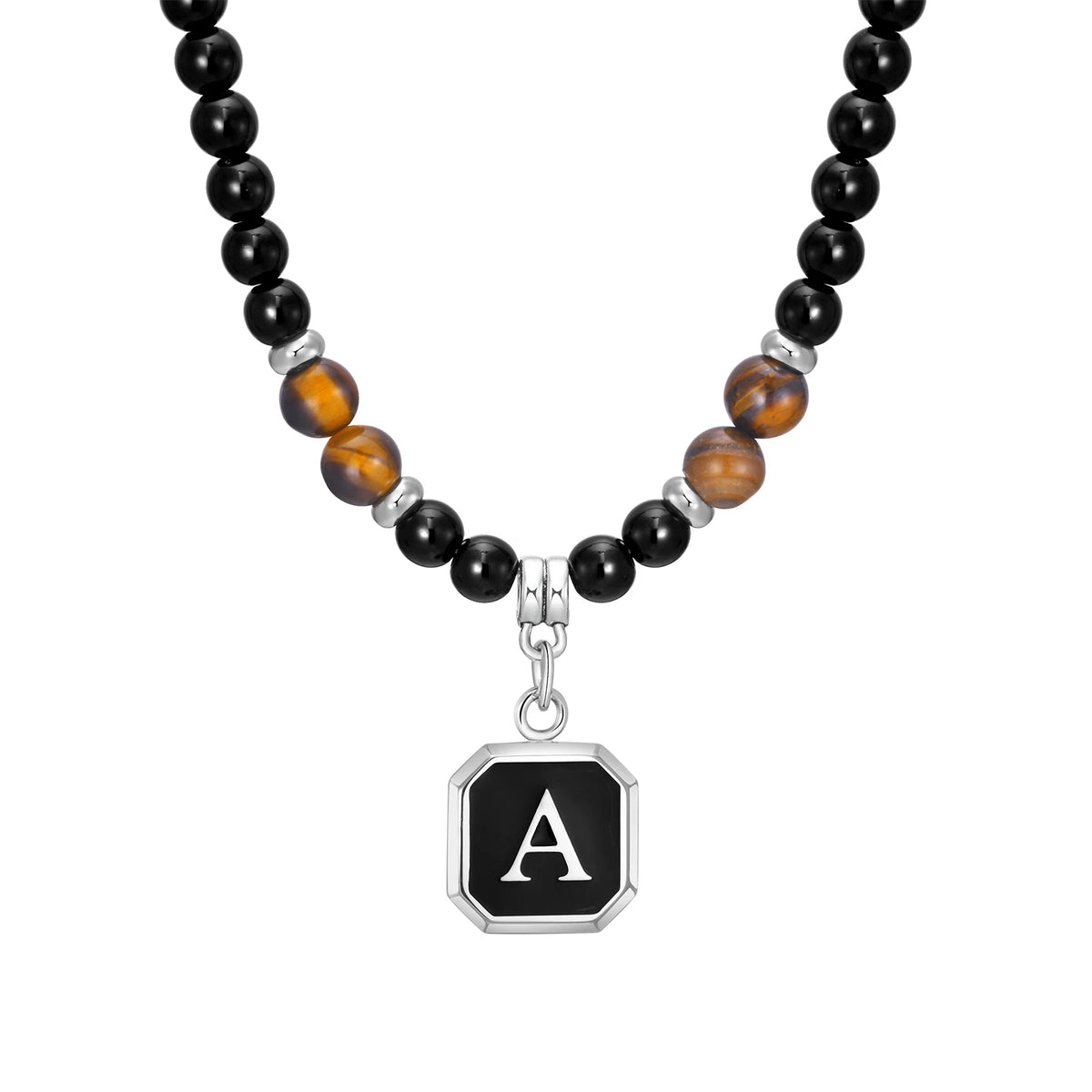 Initials Beaded Necklaces for Men Boys,Tiger Eye Alphabet A-Z 26 Letters Pendant Necklace,Stylish Jewelry Gift