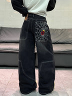American Retro Spider Web Embroidery Design Black Loose High-Waist Jeans Women Y2K Street Fashion Versatile Wide-Leg Pants