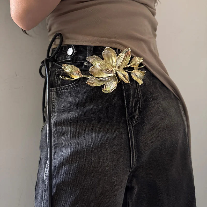 Women Luxury Fashion Design Metal Tulip Flower Waistband Chain Skirt Pants Dress Jeans Coat Shirt Clothes Decoration Black Belt