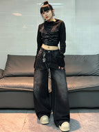 American Vintage Distressed Washed Letter Embroidery Loose Jeans Y2K Street Fashion Versatile Black Wide-Leg Pants For Women