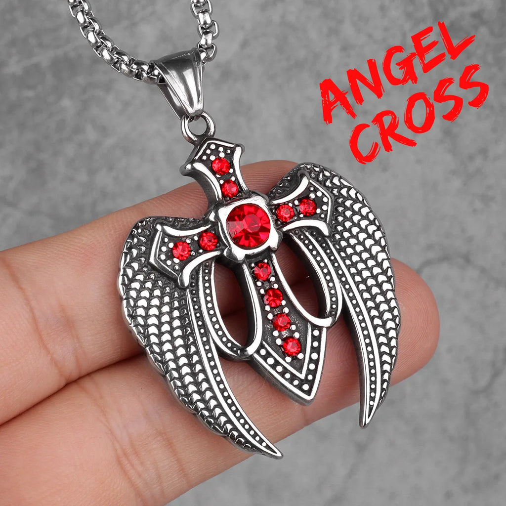 Red Black Cross Wings Men Long Necklaces Pendants Chain Punk for Boy Male Stainless Steel Jewelry Creativity Gift Wholesale