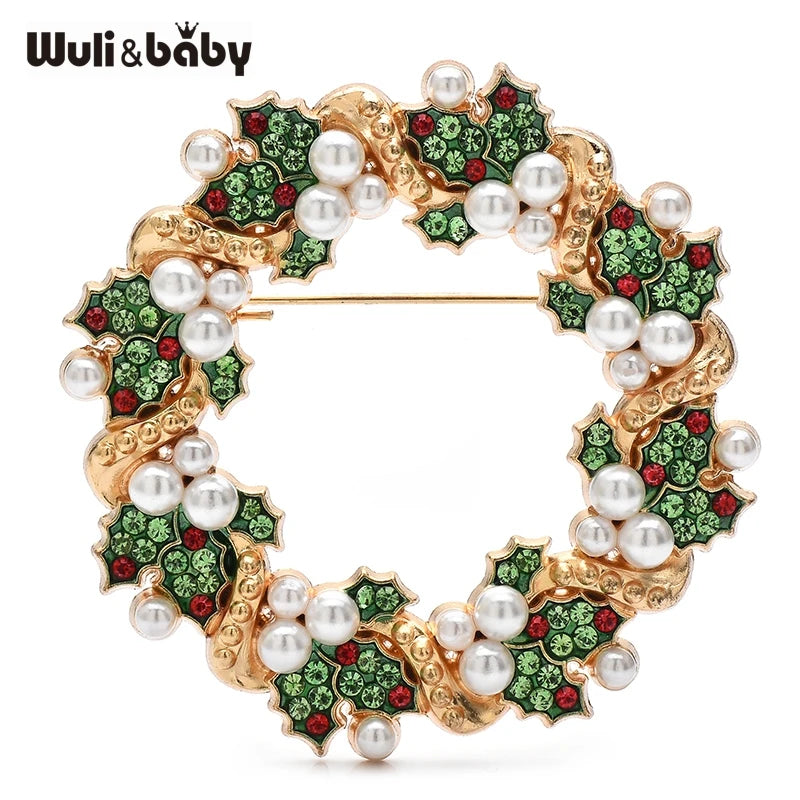 PENDRA Evergreen Crystal Garland Rhinestone Pearl Flower Wreath Brooch