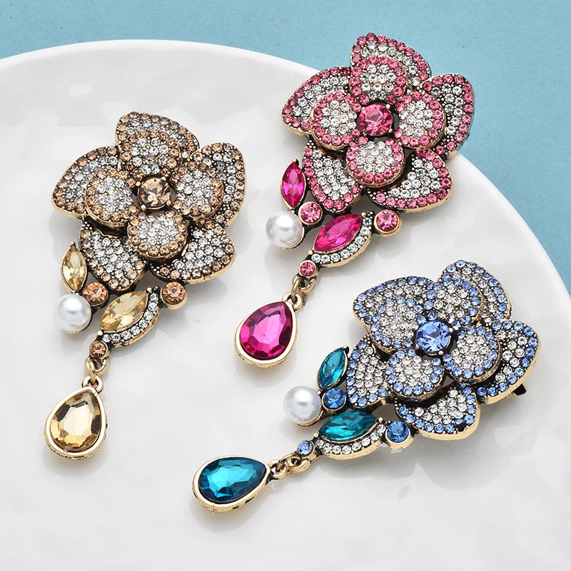 PENDRA Camellia 3-Color Vintage Rhinestone Flower Brooch