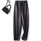 Casual leather pants women in autumn new high waisted loose fitting solid color wide leg nine inch Haren balloon pants