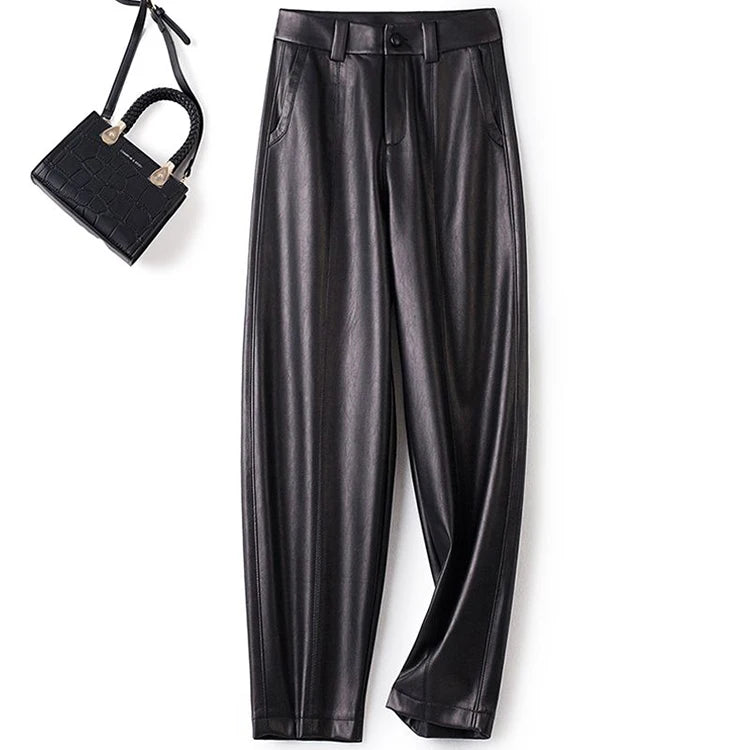 Casual leather pants women in autumn new high waisted loose fitting solid color wide leg nine inch Haren balloon pants