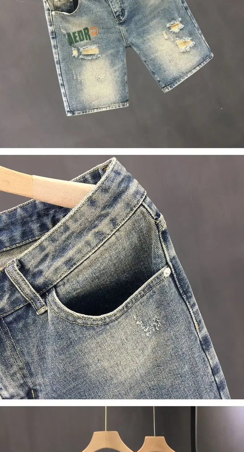Summer Straight Ripped Shorts Trendy Thin Youth Casual Breeches Men's Fashion Handsome Denim Pants Clothes Man Short Jeans