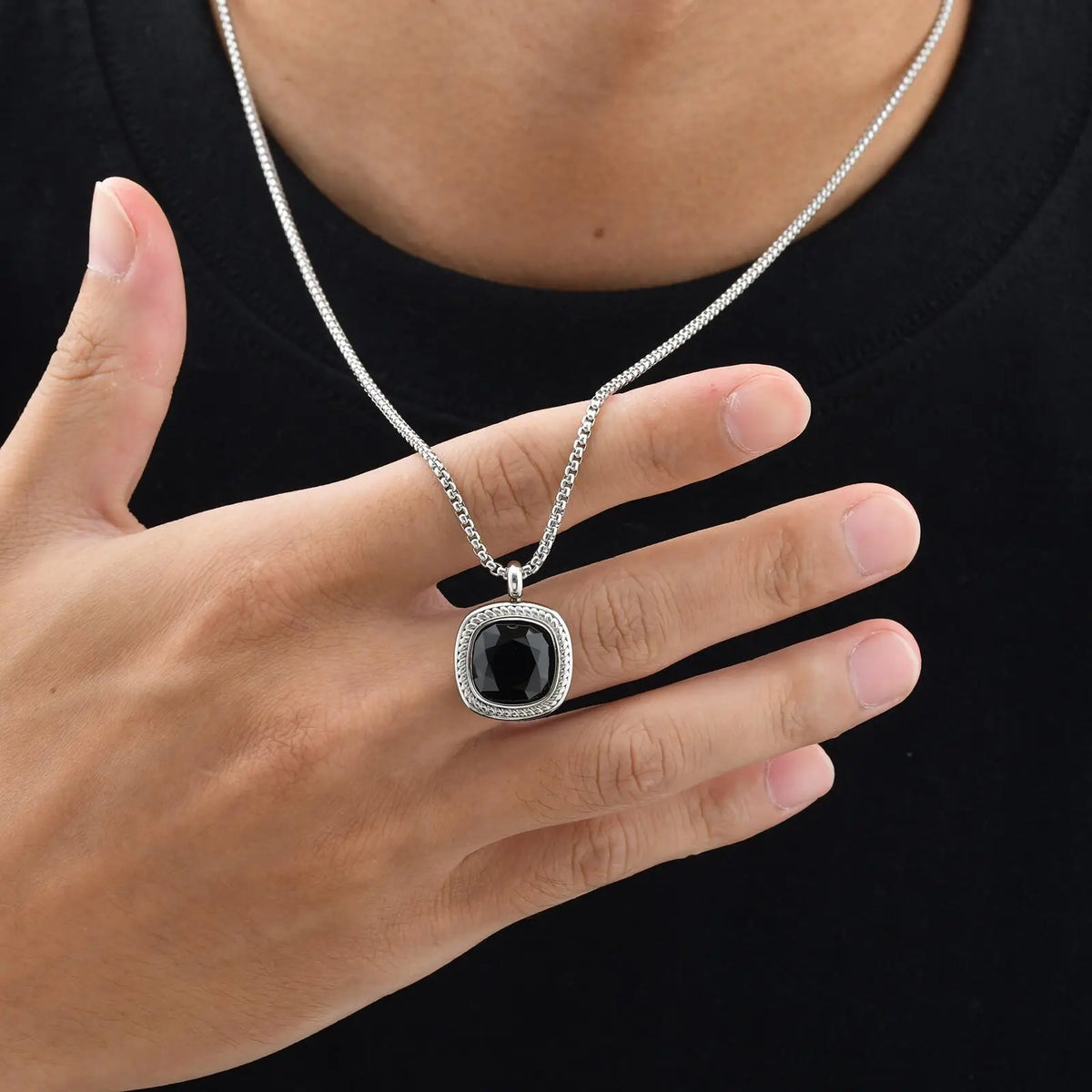 Stylish Geometric Necklace for Men Boys,Stainless Steel Black Glass Natural Stone Square Pendant,Original Design Male Gifts