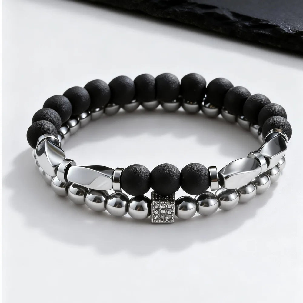 2pcs Hematite Bracelet for Men Boys,Black Gallstone Elastic Beaded Bracelet,Yoga Healing Jewelry Gift
