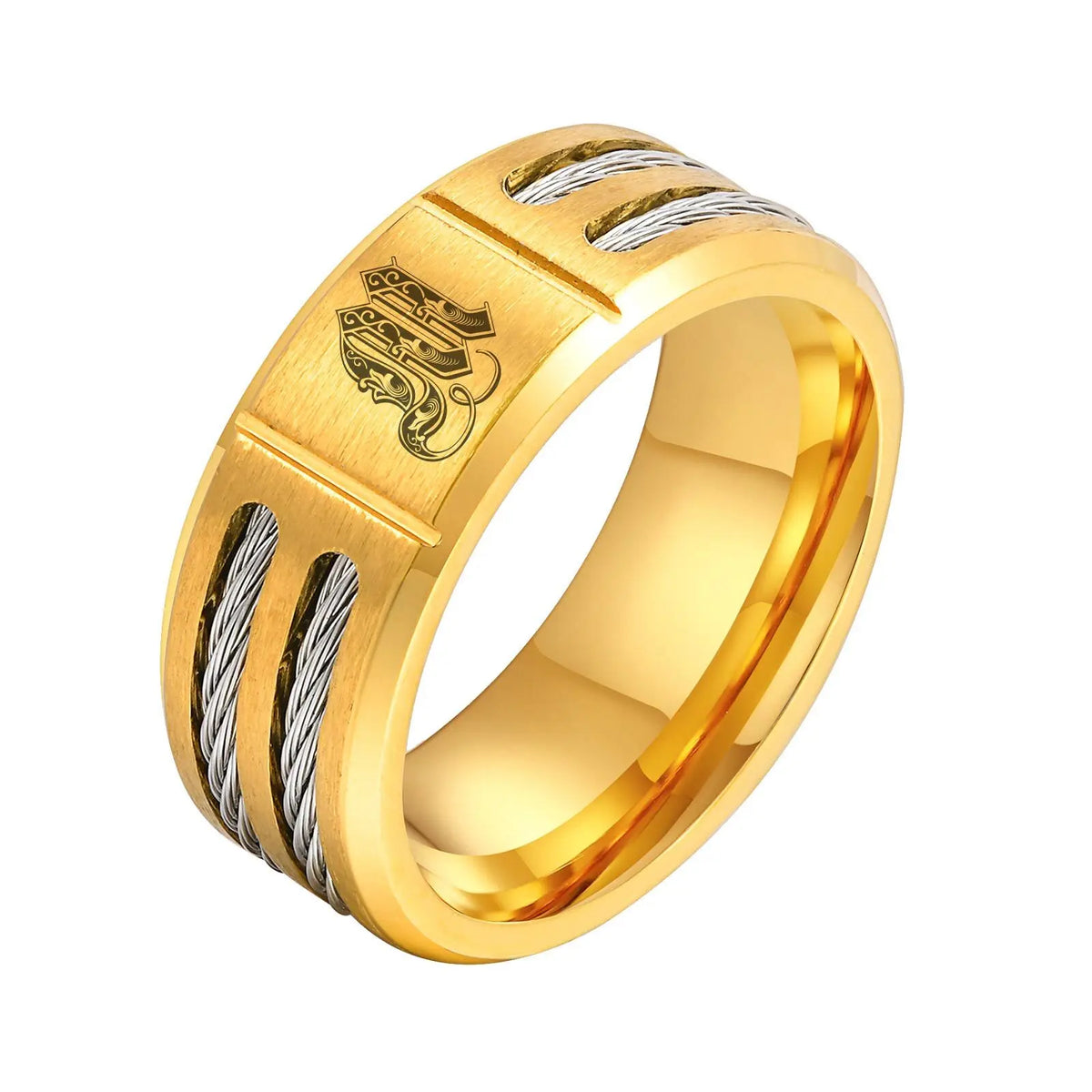 Chunky A-Z 26 Initials Ring for Men,Gold Color Stainless Steel Alphabet Ring with Wire,Stylish Wedding Jewelry Gifts for Him