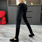 Designer Jeans Man High Quality Men's Scraped Black Jeans Autumn Winter Splashing Ink Slim-fit Pants Handsome Casual Long Pants