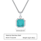 Natural Stone Square Pendant Necklace for Men Boys,Stainless Steel Turquoise Pendant,Jewelry Gift for Husband Dad Son BBF