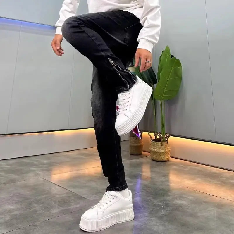 High-end 2026 Dark Blue Foot Zipper Jeans Men's Slim-fitting Small Straight Trendy Fashion Elastic Cargo Casual Trousers Male