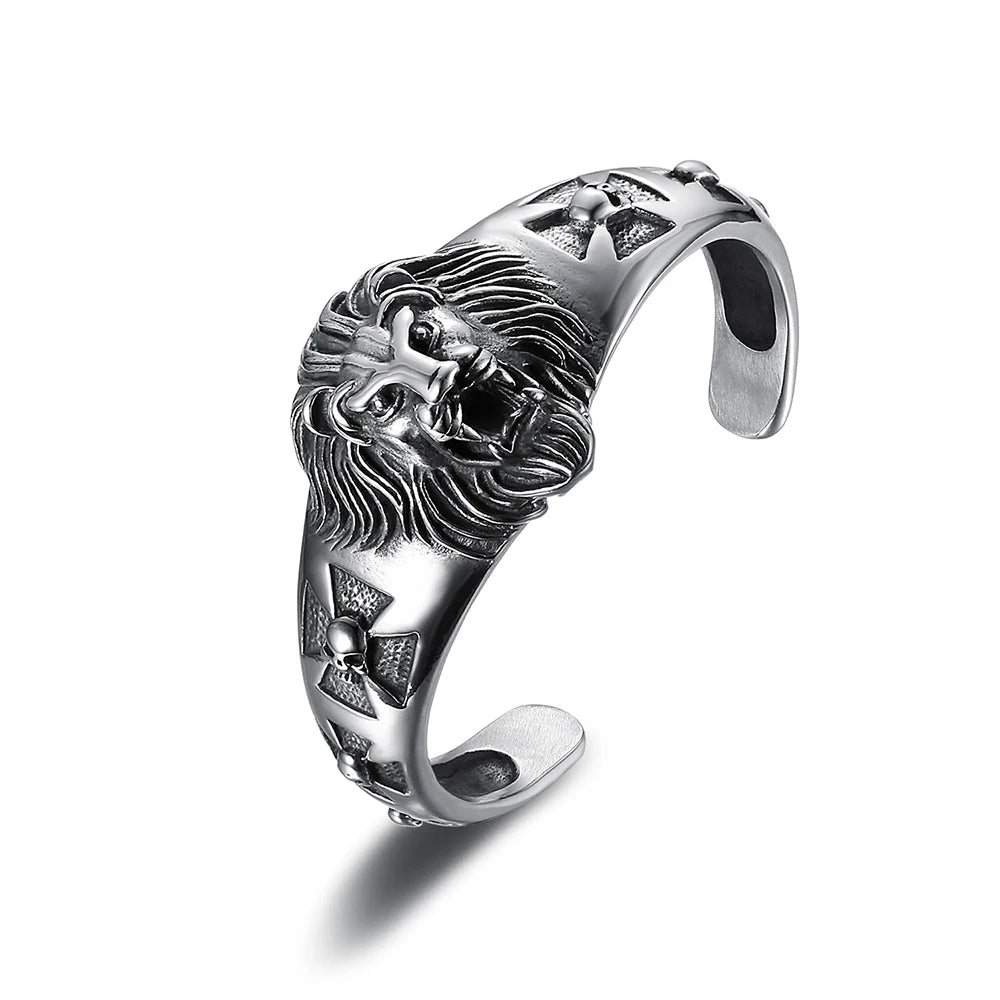 Classic Vintage Mighty Lion Head Metal Open Bracelet for Men Women Animal Bracelet Fashion Punk Biker Jewelry Gift Adjustable